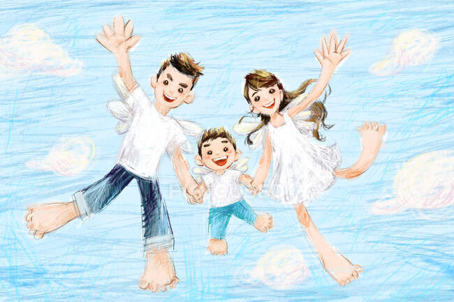 Happy family flying in blue cloudy sky — Stock Photo