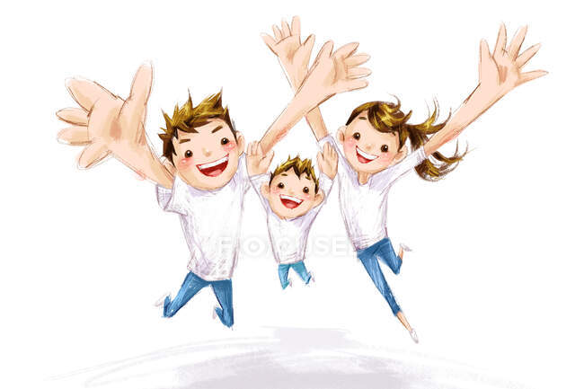 Familia feliz saltando aislado sobre fondo blanco - foto de stock