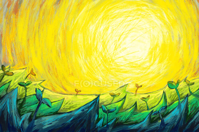 Handdrawn illustration of sunset over green field — Stock Photo