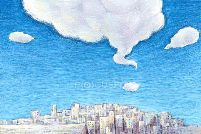 Cielo azul con nubes sobre el horizonte de la ciudad, ilustración dibujada a mano - foto de stock