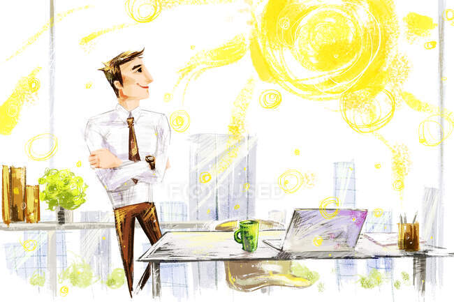Молодий бізнесмен в офісі дивиться на сонце — стокове фото