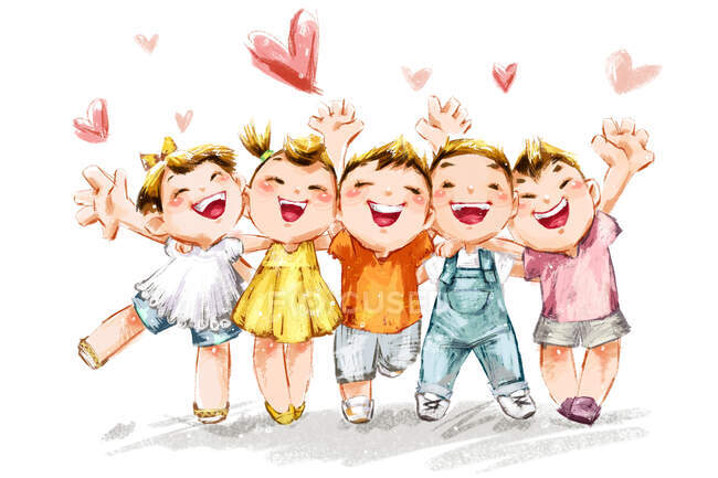 Niños felices abrazándose con corazones sobre fondo blanco - foto de stock
