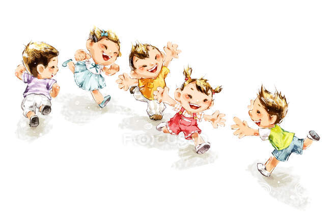 Niños corriendo y sonriendo aislados sobre fondo blanco - foto de stock