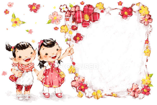 Dos chicas de dibujos animados con marco floral aislado sobre fondo blanco - foto de stock