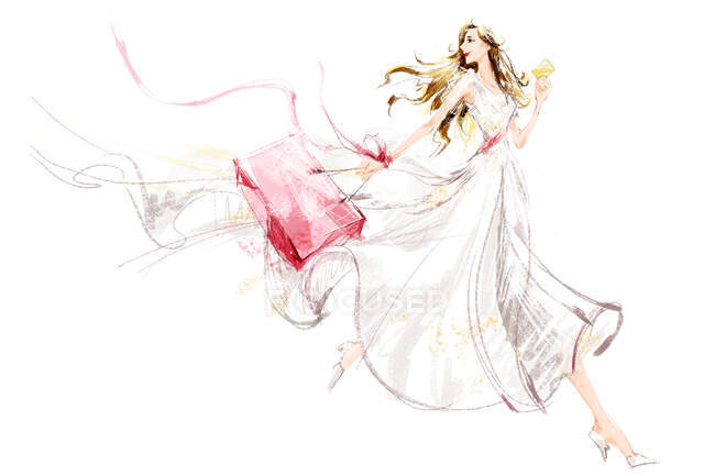 Junge Frau in elegantem Kleid mit Einkaufstasche und Kreditkarte — Stockfoto