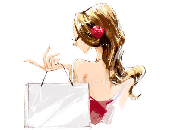 Jeune femme avec fleur dans les cheveux et sac à provisions — Photo de stock