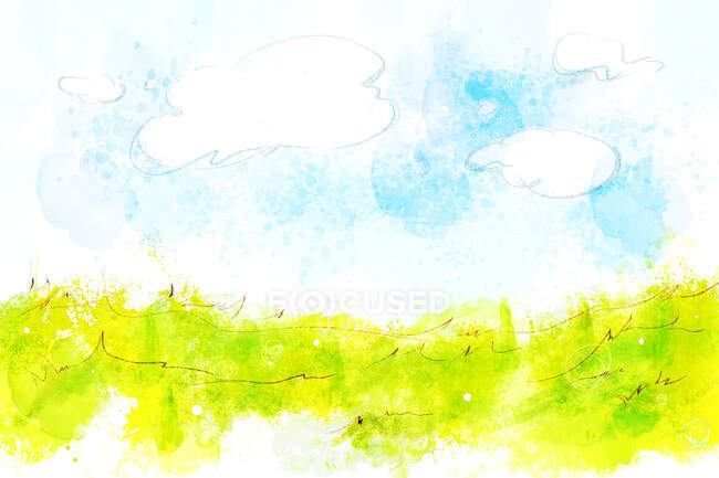 Watercolor illustration of green field with blue cloudy sky — Stock Photo