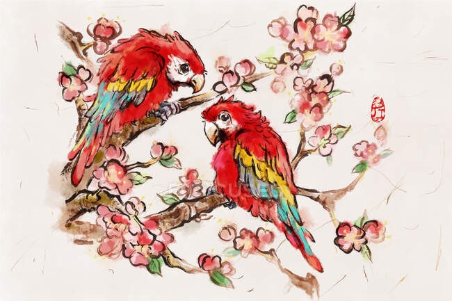 Papageien hocken auf blühenden Kirschbaumzweigen — Stockfoto