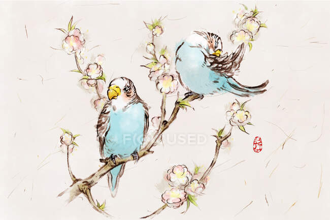 Папуги на гілці дерева з квітучими квітами — стокове фото