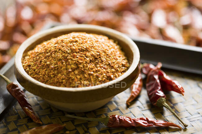 Red chili peppers and seeds, close up shot — Stock Photo