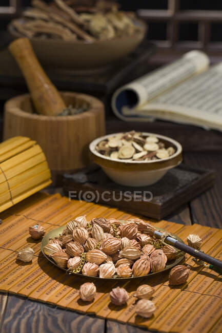 Piatto con condimento Amomum villosum su tappetino di bambù — Foto stock