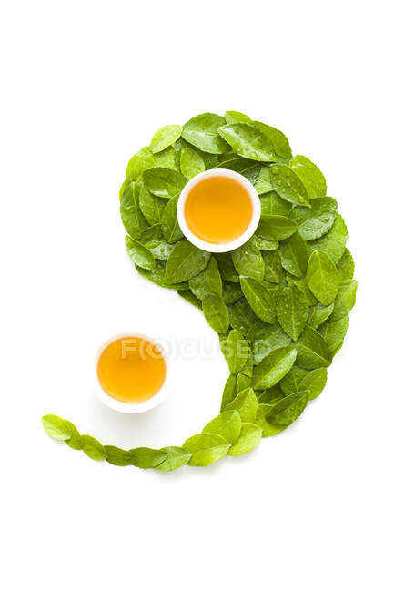 Tea cups and leaves in shape of ying yang symbol — Stock Photo