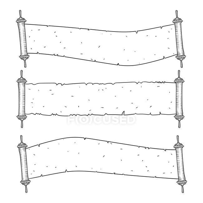 Vintage-Rolle eines antiken Blanko-Manuskripts über Weiß. Uralte Schriftrolle des Gesetzes. Kontur-Doodle-Stil. — Stockfoto