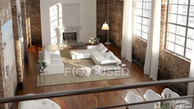 Soggiorno grande e confortevole in un loft con divano luminoso. rendering 3d — Foto stock