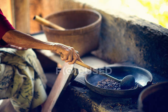 Senior-Kaffeeröster auf Zibetblume — Stockfoto