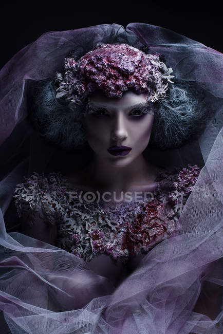 Portrait of woman with fantasy makeup and body art — Stock Photo