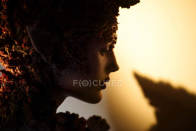 Profile young woman with fantasy makeup art and floral decorations in backlit — Stock Photo