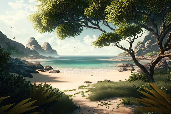 Praia tropical com palmeiras e mar — Fotografia de Stock