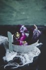 Poivrons violets mûrs frais dans un bol — Photo de stock