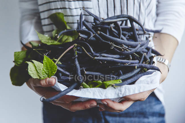 Mãos segurando ervilhas pretas sem casca — Fotografia de Stock