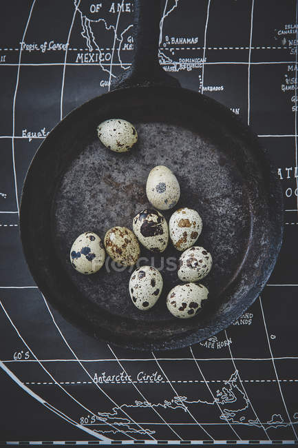 Перепелиные яйца в скорлупе на сковороде — стоковое фото