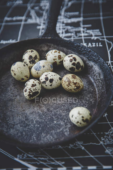 Huevos de codorniz en cáscaras en sartén - foto de stock