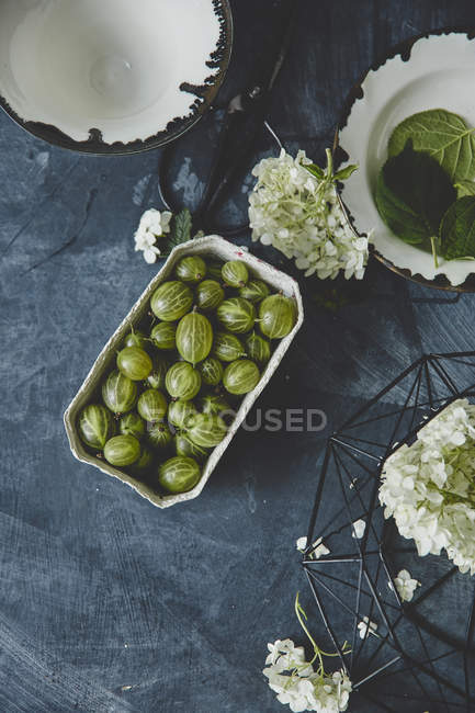 Frische Stachelbeeren und weiße Blumen — Stockfoto