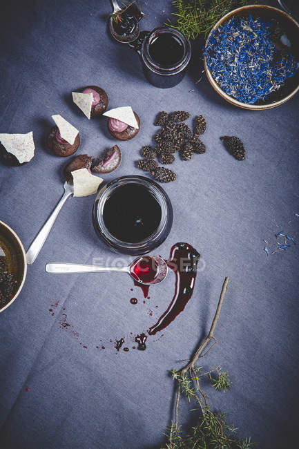 Delicious jam with cakes — Stock Photo