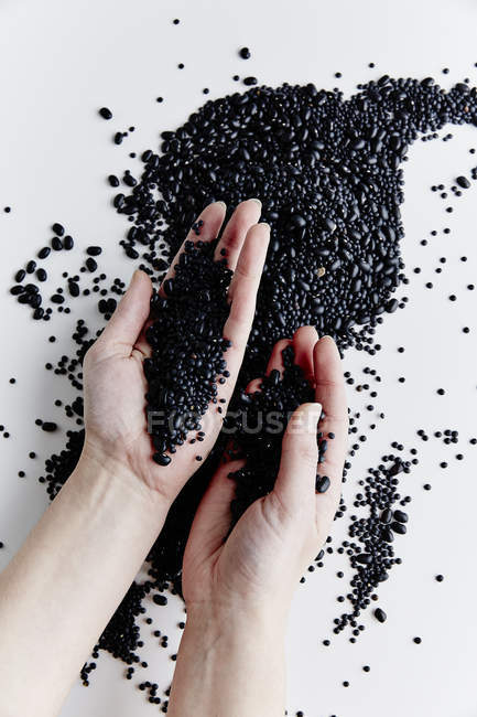 Menschenhände und schwarze Bohnen — Stockfoto