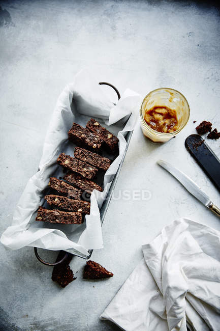 Brownie pieces with nuts — Stock Photo
