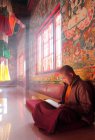 Jovem monge sentado e lendo — Fotografia de Stock