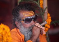 Sadhu fumar ganja en el Kumbha Mela en Allahabad, India - foto de stock