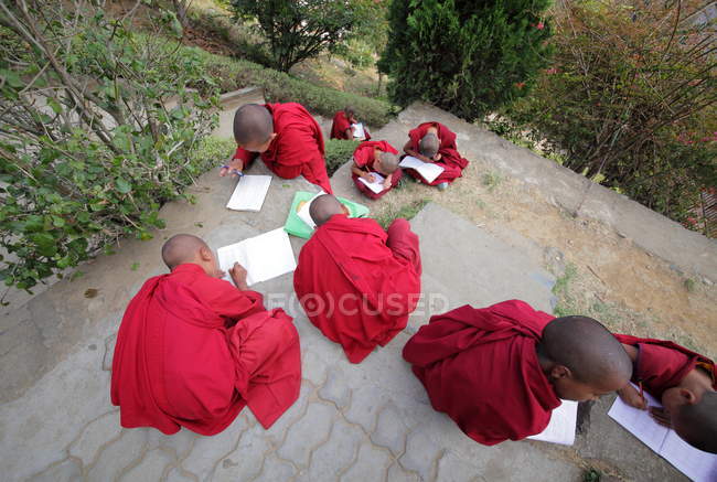 Monjes novatos niños estudiando - foto de stock