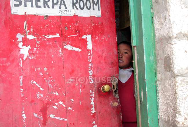Девушка смотрит через открытую дверь — стоковое фото