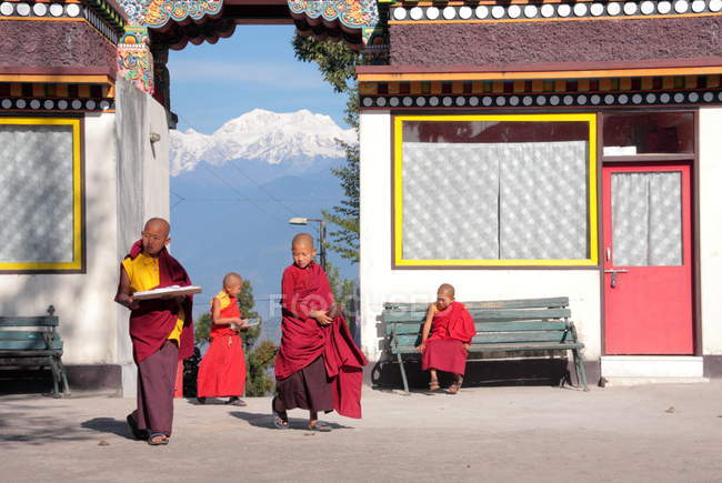 Junge Mönche im Sonnenlicht vor dem Tempel — Stockfoto