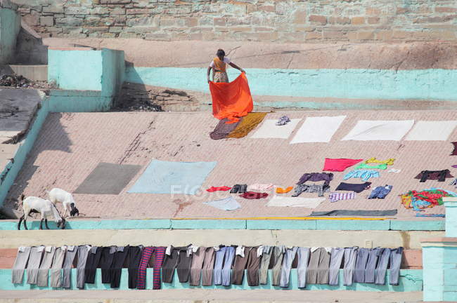 Donna indiana e vestiti lavati asciugandosi alla luce del sole ai ghats a Varanasi, India . — Foto stock