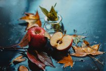 Красные яблоки с осенними листьями — стоковое фото