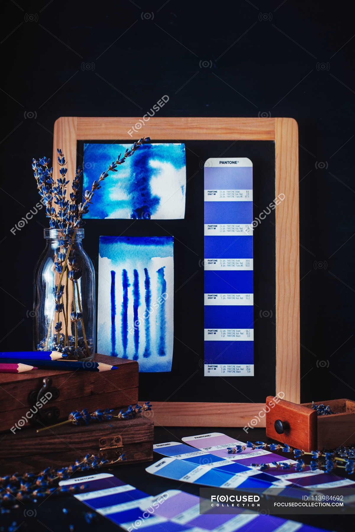 Lavender palette in wooden frame — shades, purple - Stock Photo ...