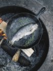 Рыба в сковородке над огнем . — стоковое фото