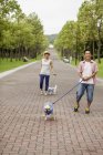 Японская пара выгуливает двух собак — стоковое фото