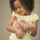 Ragazza che tiene un pollo tra le braccia — Foto stock