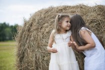 Girls standing by a large haybale — Stock Photo