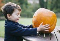 Small boy holding at a large pumpkin — Stock Photo