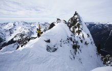 Лыжник стоит на гребне перед катанием на лыжах — стоковое фото