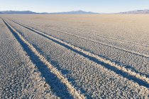 Trilhas de pneus na superfície seca do deserto — Fotografia de Stock