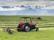 Dos tractores rojos en una granja - foto de stock