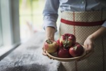 Person mit einer Schale voller Äpfel. — Stockfoto