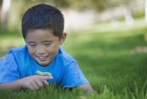 Мальчик лежит на траве, держа гусеницу — стоковое фото