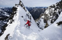 Лыжник спускается — стоковое фото