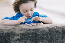 Boy at the beach counting shells — Stock Photo